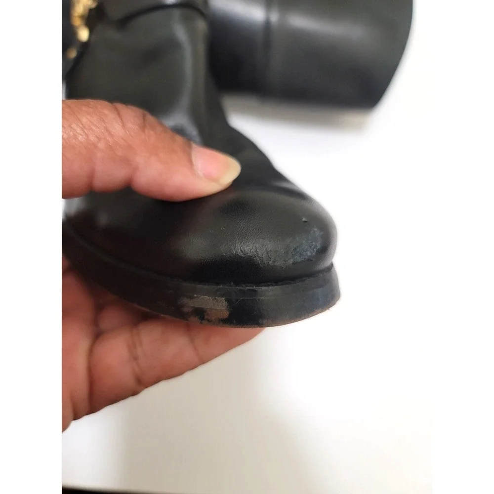 Michael Kors Womens Black Leather Knee-High Riding Boots With Gold MK Logo & Sid